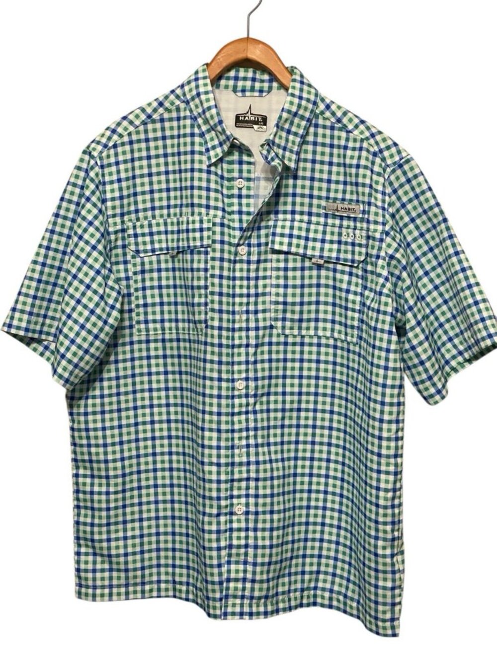 Habit Check Button Up Shirt Men's L Green Blue White Short Sleeve